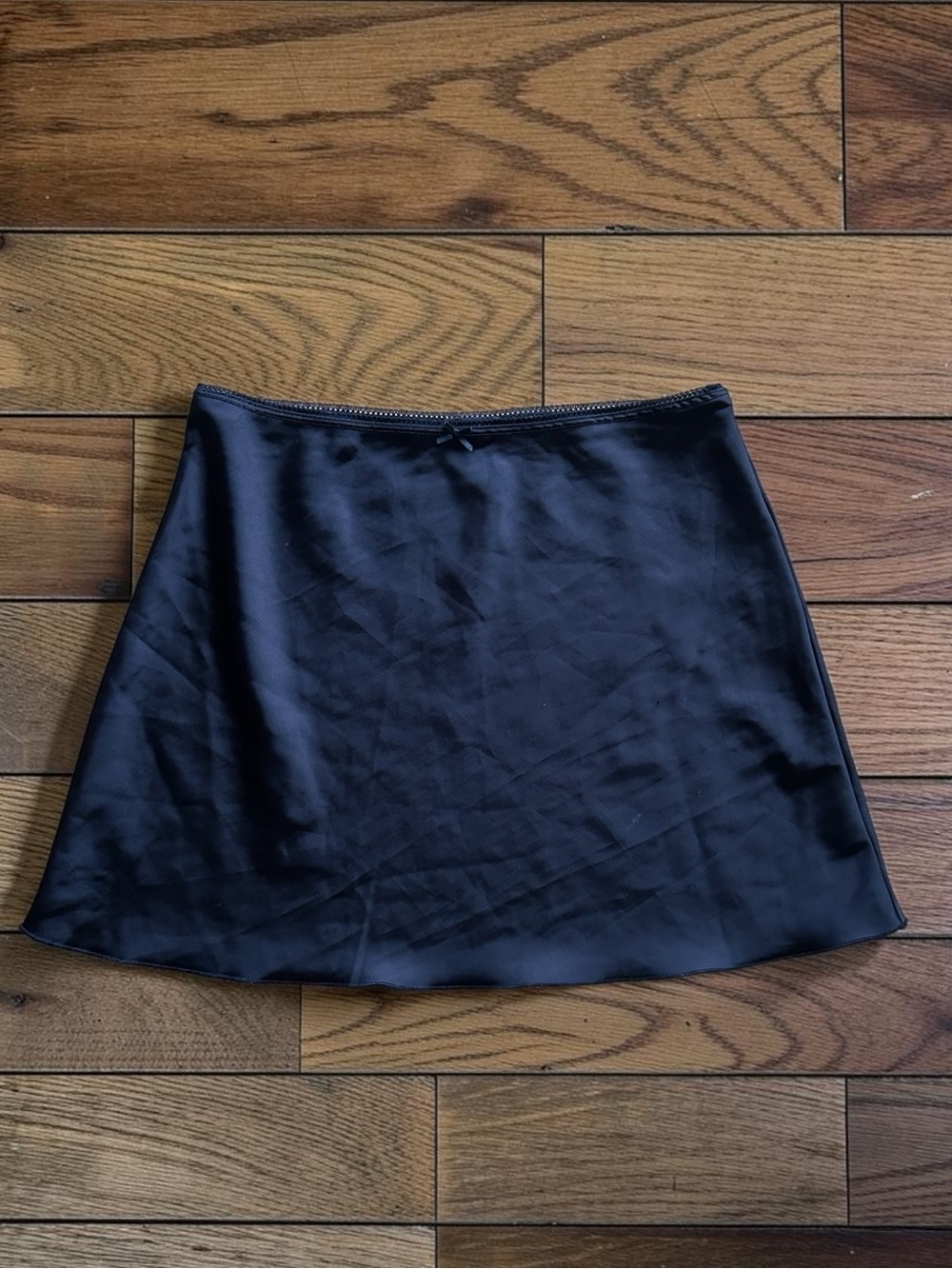 John Galt Brandy Melville Women’s Black Satin Mini Skirt Bow Lace Trim